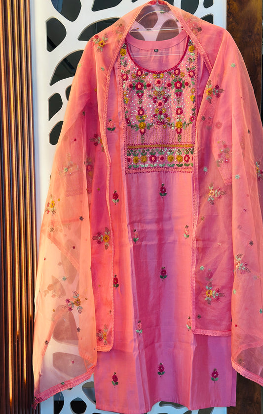 Kantha Thread & French Knot Embroidered Muslin Suit