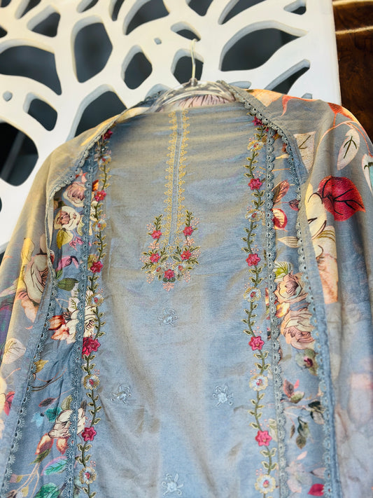 Pure Muslin Digital Printed Hand Embroidered With Crochet Lace Edgings