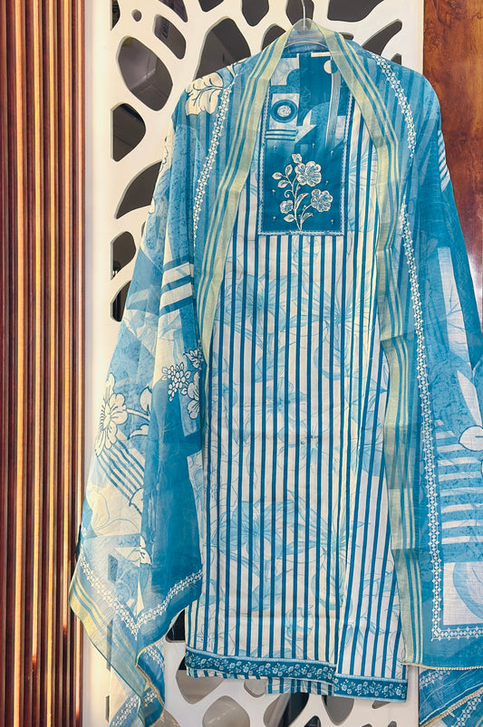 Digital Printed Pure Cotton Suit & Dupatta With Golden Wire & Lace Highlights