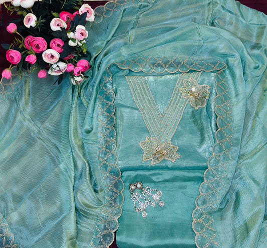 Premium Mint Green Crush Tissue  Shimmer Silk Suit Fabric