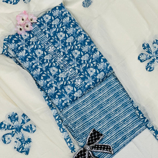 Floral Cotton Mirror Embellished Suit