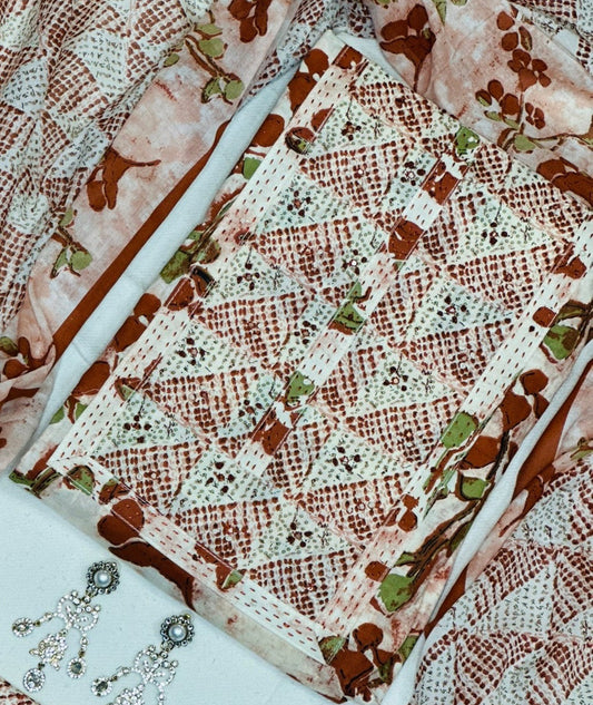 French Knot & Kantha Embroidered Printed Cotton Suit