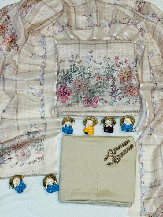 Linen Digital Printed Floral Thread Work With Mirror & Golden Stone Highlights