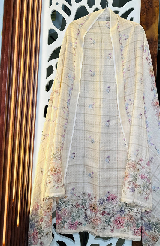 Linen Digital Printed Floral Thread Work With Mirror & Golden Stone Highlights