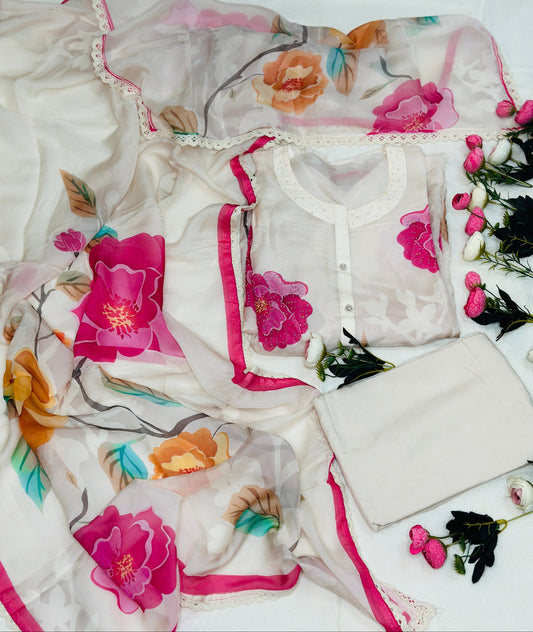 Trendy Floral Digital Printed Organza With Seroski & Crosia Lace