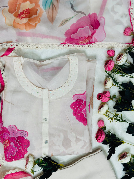 Trendy Floral Digital Printed Organza With Seroski & Crosia Lace
