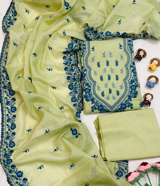 Kota Doria Rich Quality Fabric Beautiful Resham Embroidery With Crosia Lace