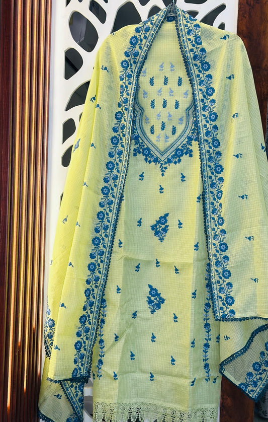 Kota Doria Rich Quality Fabric Beautiful Resham Embroidery With Crosia Lace
