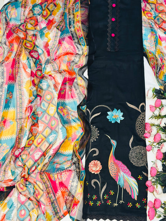 Fine Cotton Thread Embroidered With Pure Chiffon Dupatta