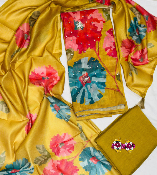 Mustard Shimmer Linen Digital Print Daman Work