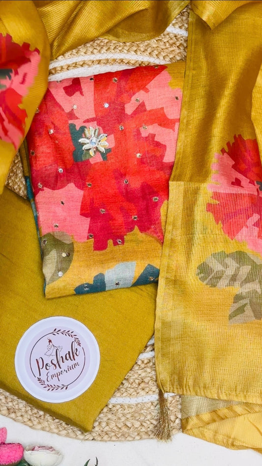 Mustard Shimmer Linen Digital Print Daman Work