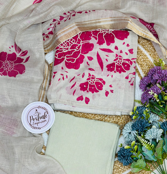 Floral Printed Linen With Pearl Embroidery