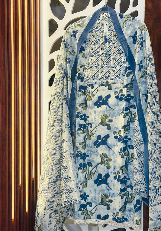 French Knot & Kantha Embroidered Printed Cotton Suit