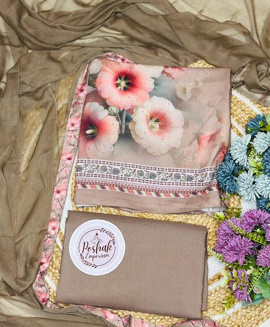 Digital Printed Camric Cotton with Chiffon Dupata
