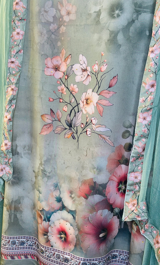 Digital Printed Camric Cotton with Chiffon Dupata