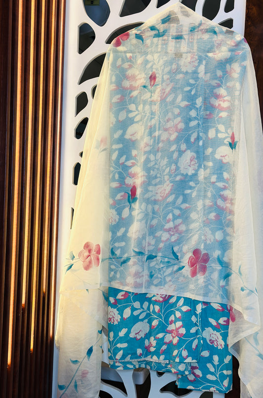 Printed Pure Cotton With French Knot & Crosia Lace