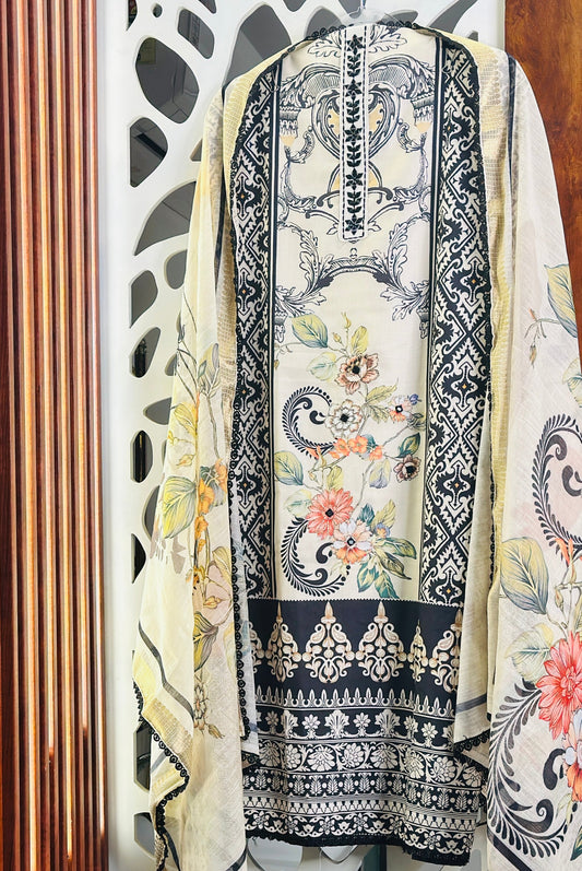 Premium Soft Linen Beautiful Pakistani Digital Printed Suit With Fancy Real Mirror Work & Crochet Lace, Printed Dupatta & Rayon Bottom