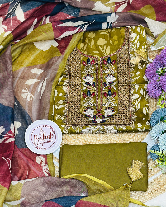 Jam Floral Printed Cotton With Embroidered Neck Tie