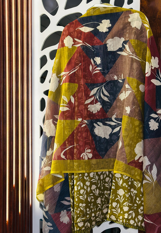 Jam Floral Printed Cotton With Embroidered Neck Tie
