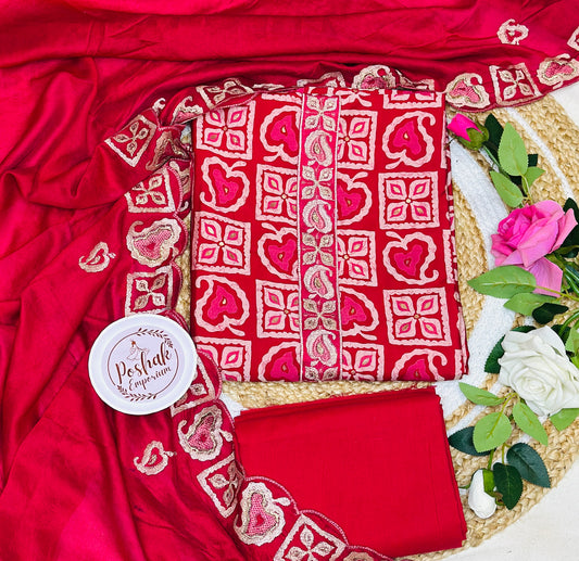 Digital Print Modal Silk With Golden Lace Edges & Cut work Dupatta