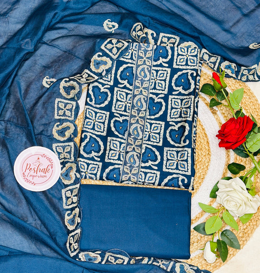 Digital Print Modal Silk With Golden Lace Edges & Cut work Dupatta