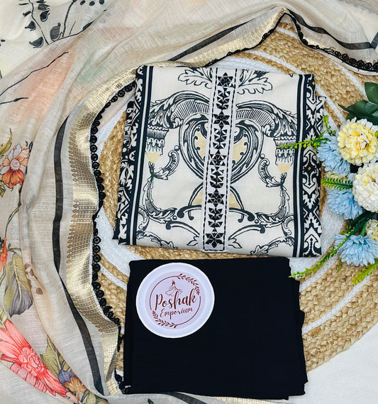 Premium Soft Linen Beautiful Pakistani Digital Printed Suit With Fancy Real Mirror Work & Crochet Lace, Printed Dupatta & Rayon Bottom