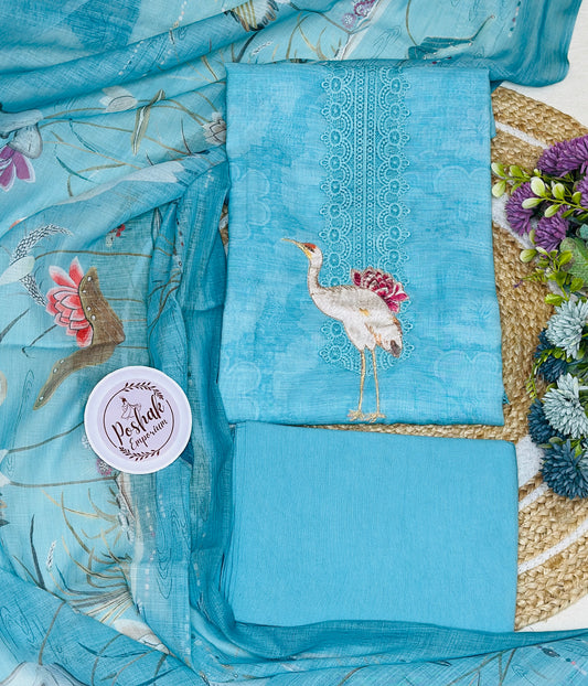Ostrich Embroidered Fine Cotton With Printed Dupatta & Crochet Lace