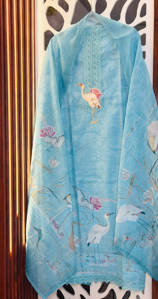 Ostrich Embroidered Fine Cotton With Printed Dupatta & Crochet Lace