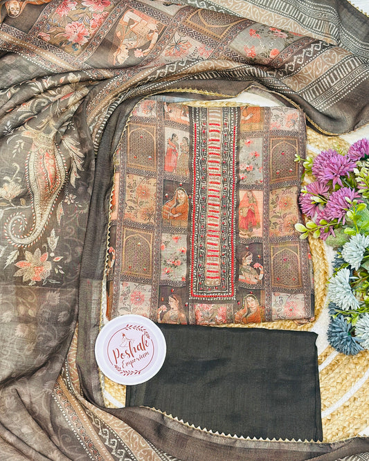 Digital Printed Traditional Linen Shimmer With Golden Lace Edging Highlights